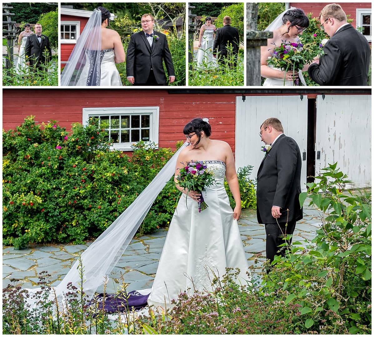 The bride and groom have their first look before their wedding reception at the Hubbard's Barn in Nova Scotia.