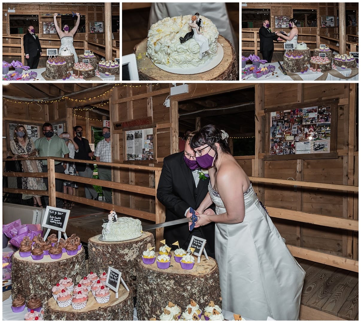 The bride and groom cut their cake with a huge sword during their wedding reception at the Hubbard's Barn in NS.