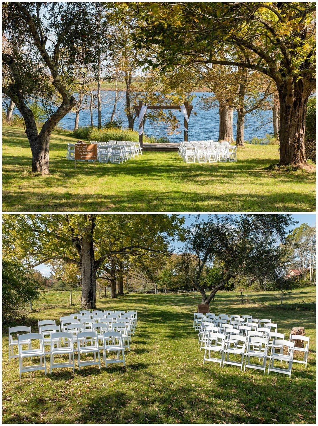 A beautiful outdoor wedding ceremony set up a the Kinley Farm in Lunenburg, Nova Scotia.