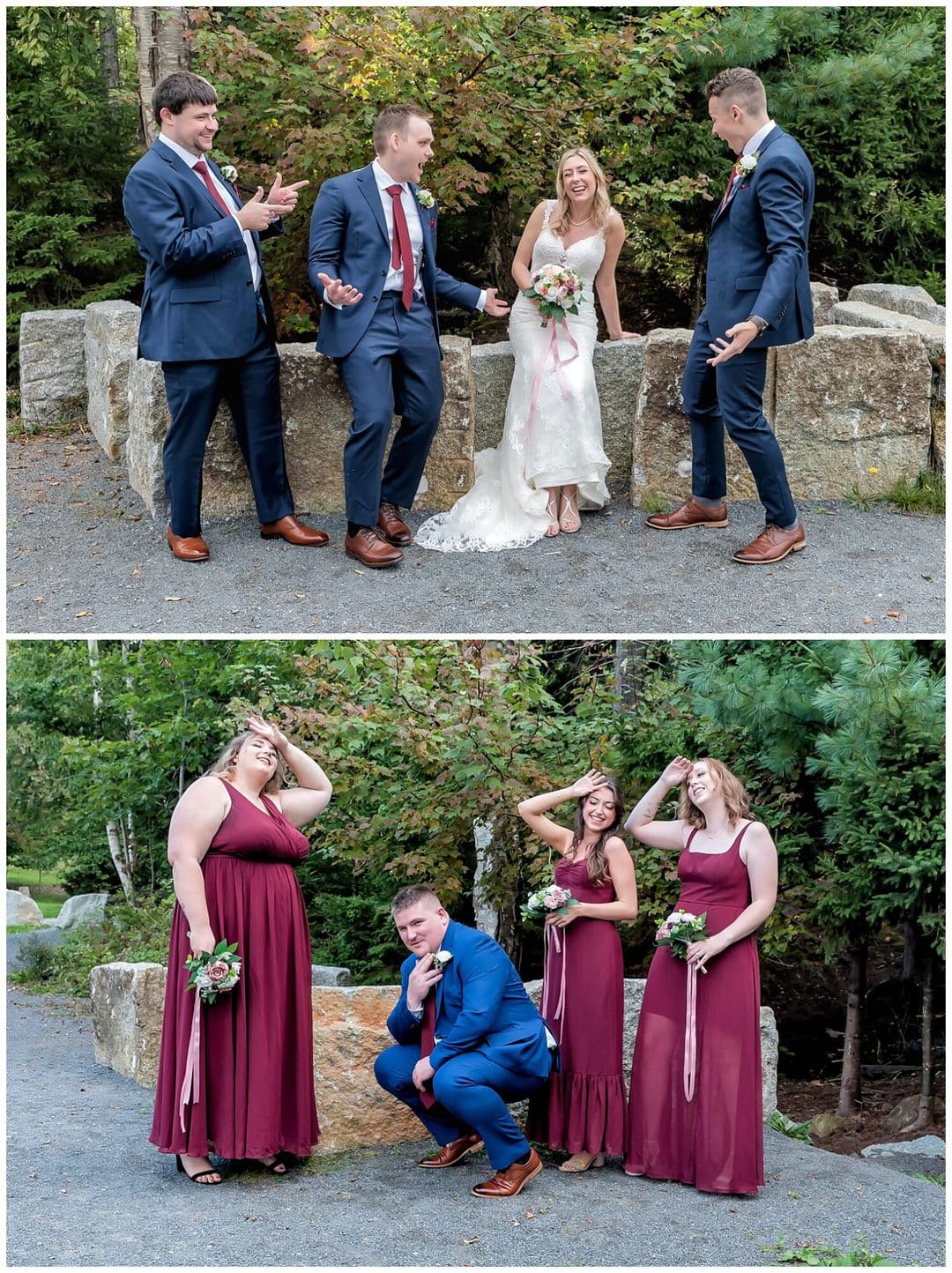 The bridal party have fun with the groom while the bride has fun with the groomsmen during their wedding photos at Sir Sandford Fleming Park in Halifax, NS.