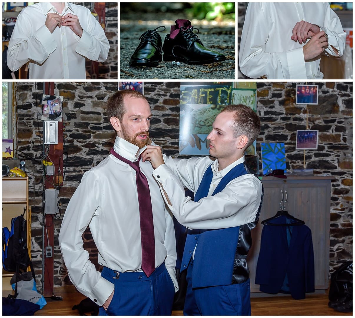 The groom getting ready with his groomsmen for his wedding day at the Adventure Center where they first met at Sir Sandford Fleming Park in Halifax, NS.