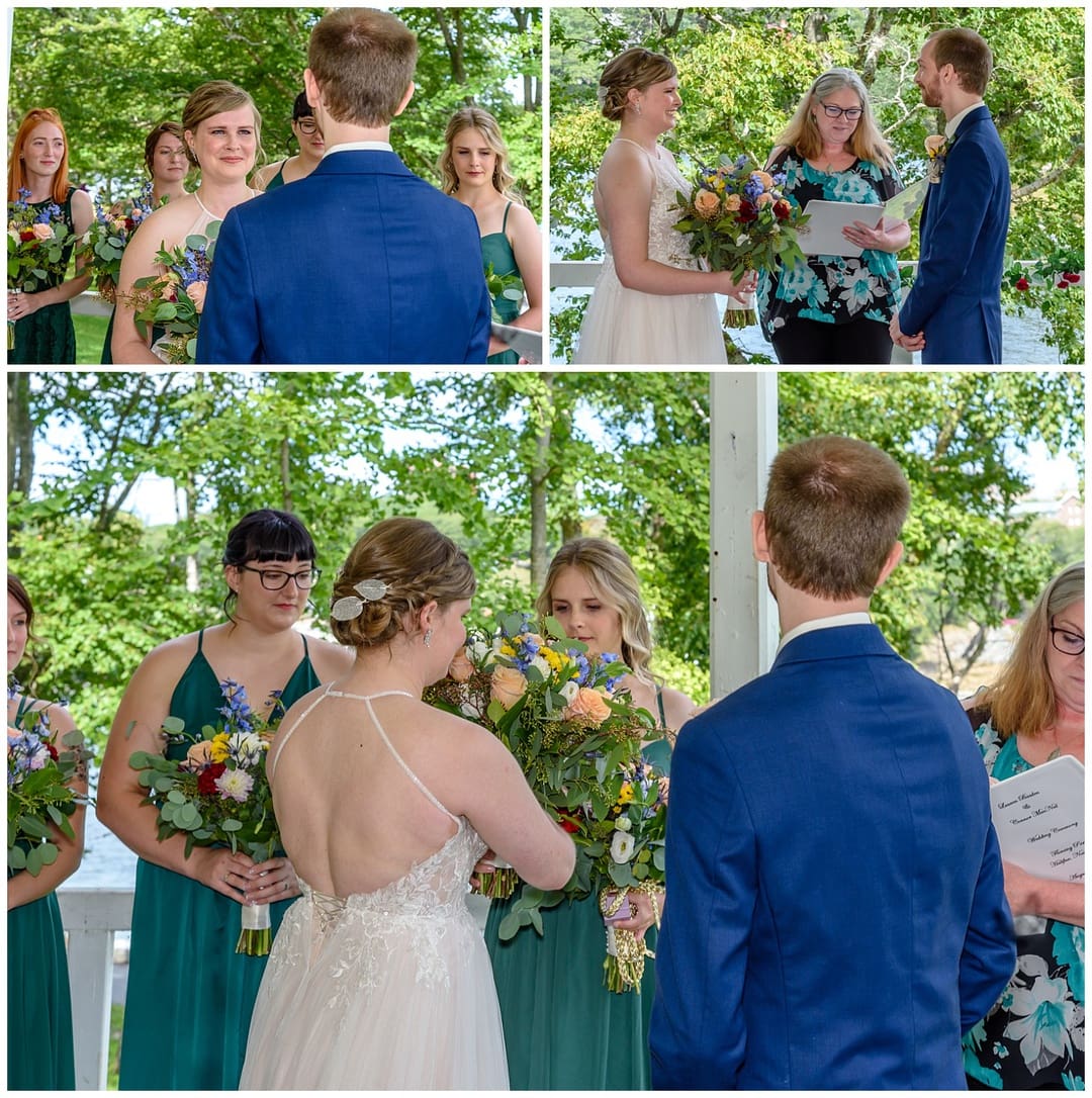 The bride hands off her beautiful bridal bouquet during her wedding ceremony at the gazebo in Sir Sandford Fleming Park in Halifax, NS.