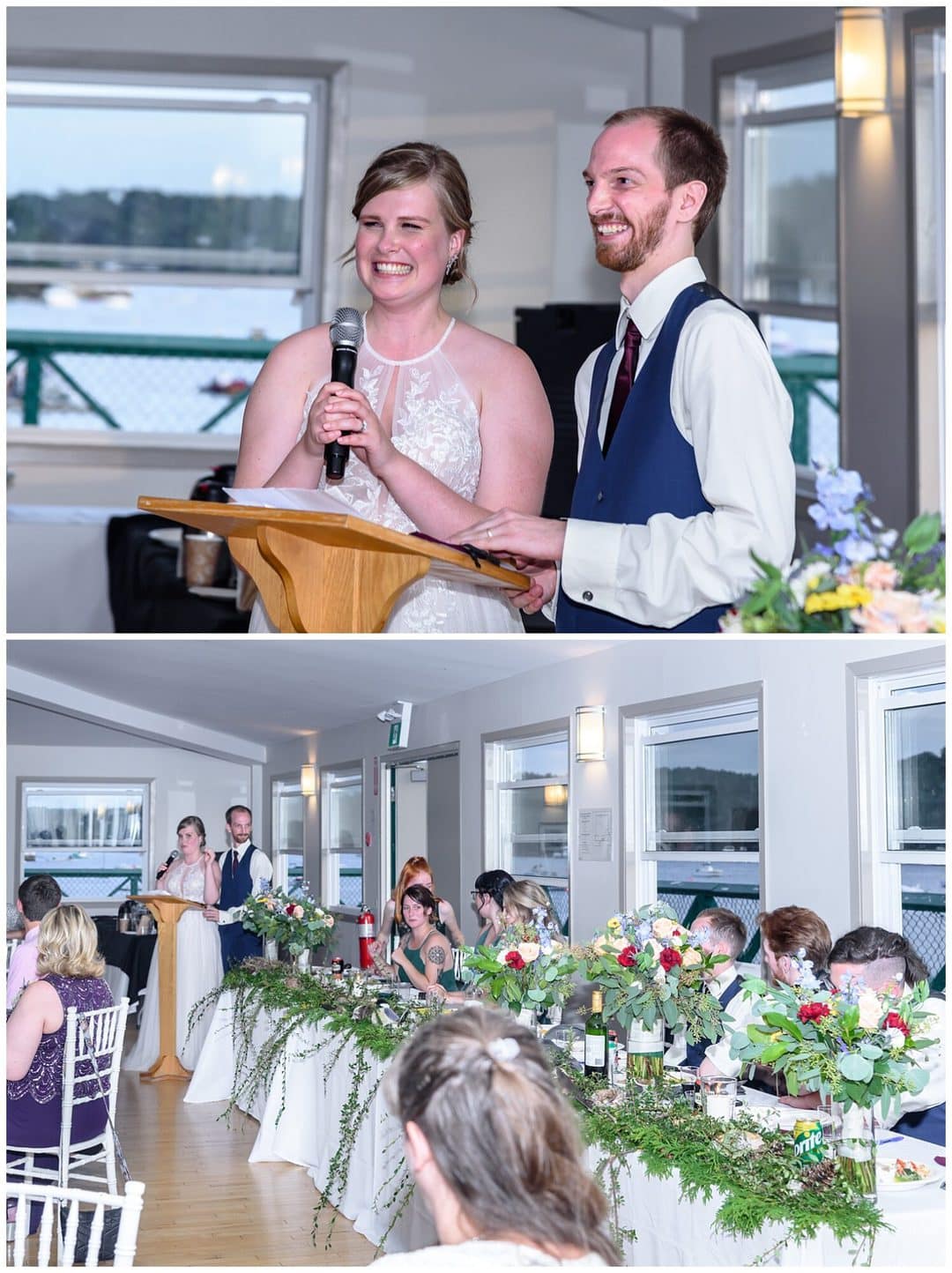 The bride and groom give their speech at the end of their wedding speeches during their reception at the St Mary's Boat Club in Halifax, NS.