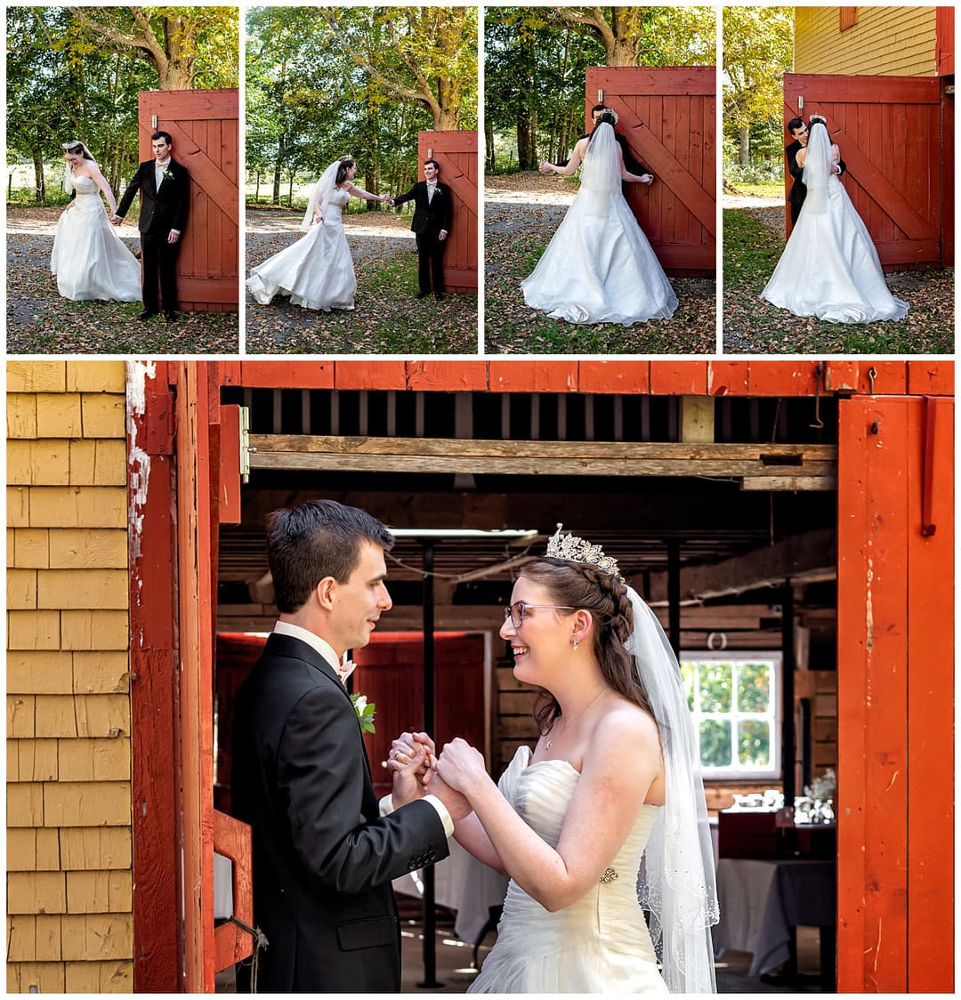 The bride and groom have their first look by the barn doors of the Kinley Farm in Lunenburg, NS.