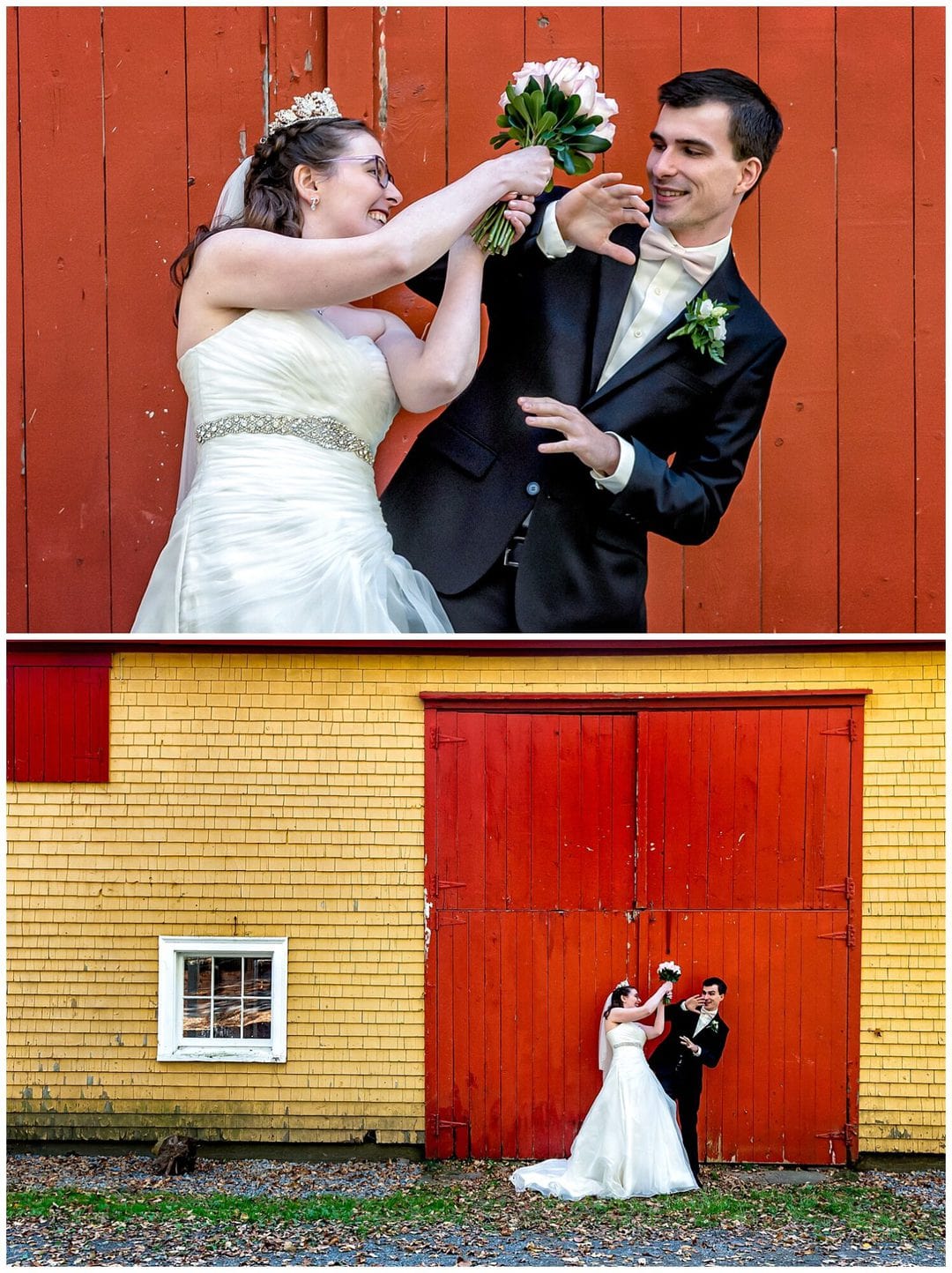 The bride and groom have some fun with each other during their wedding photos at the Kinley Farm in Lunenburg, NS.