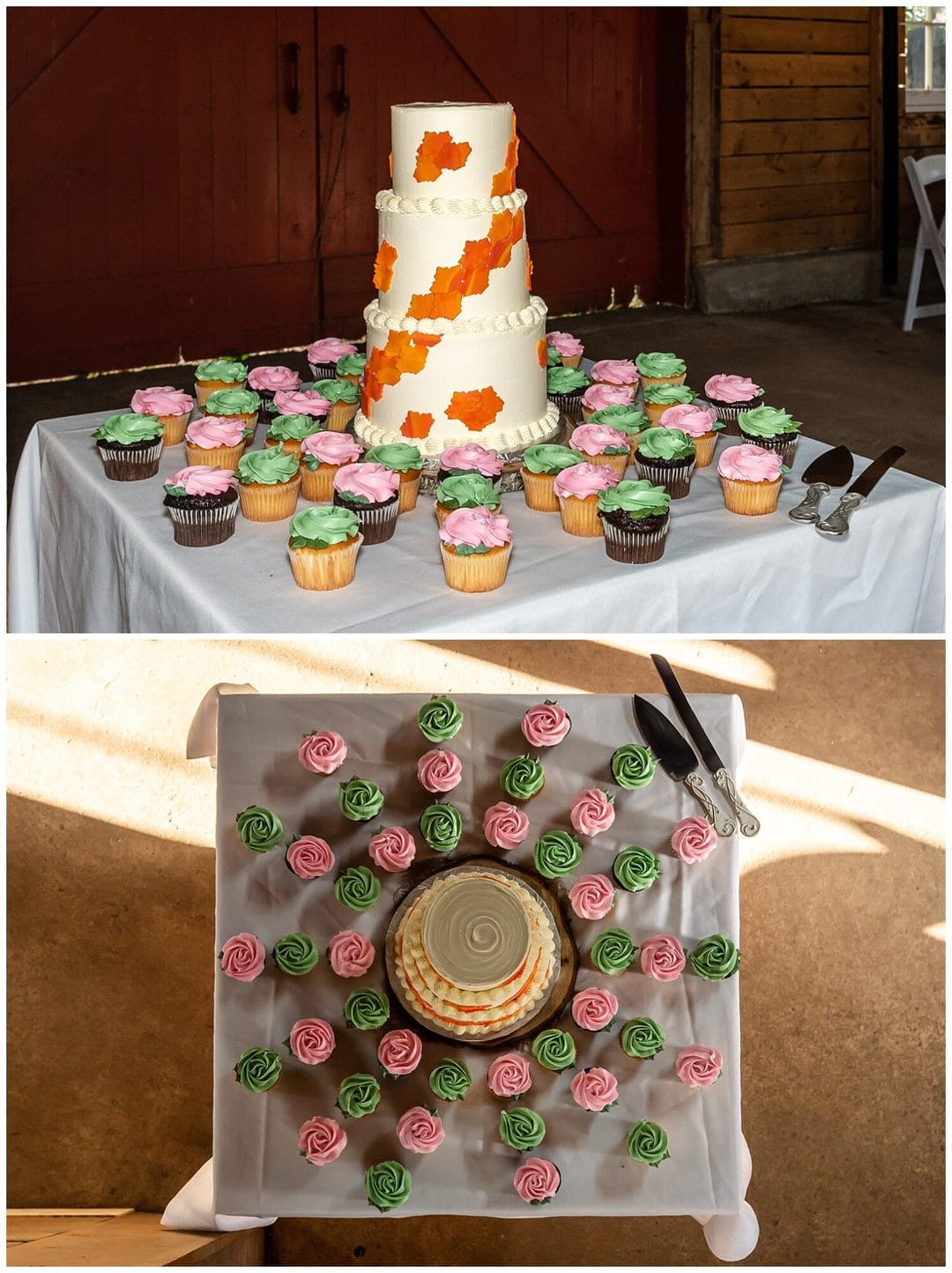 An aerial shot of the wedding cake with cupcakes at a wedding at the Kinley Farm's barn in Lunenburg, NS.