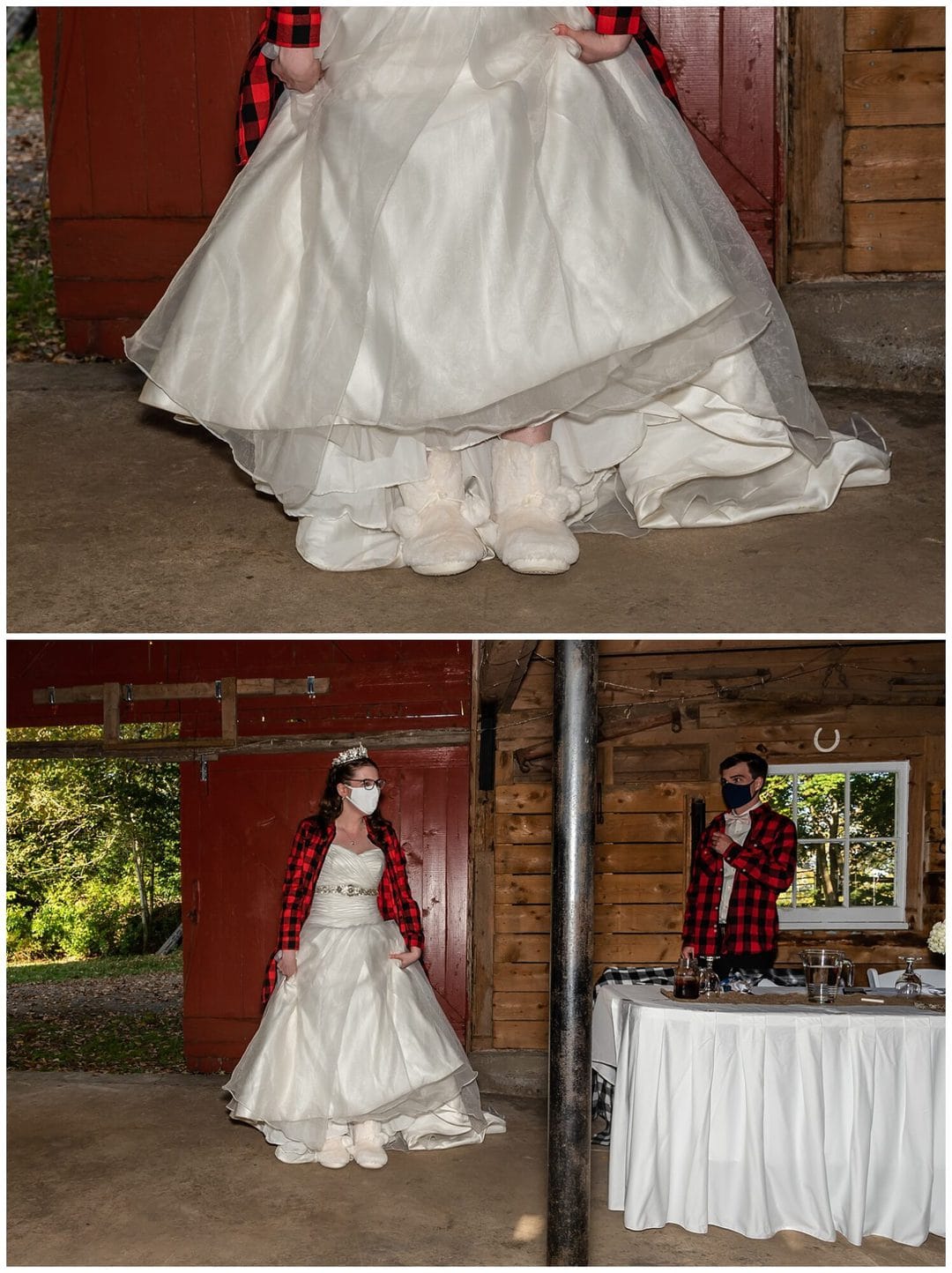 The bride changes into her comfy slippers for her wedding reception with the help of the groom at the Kinley Farm in Lunenburg, NS.