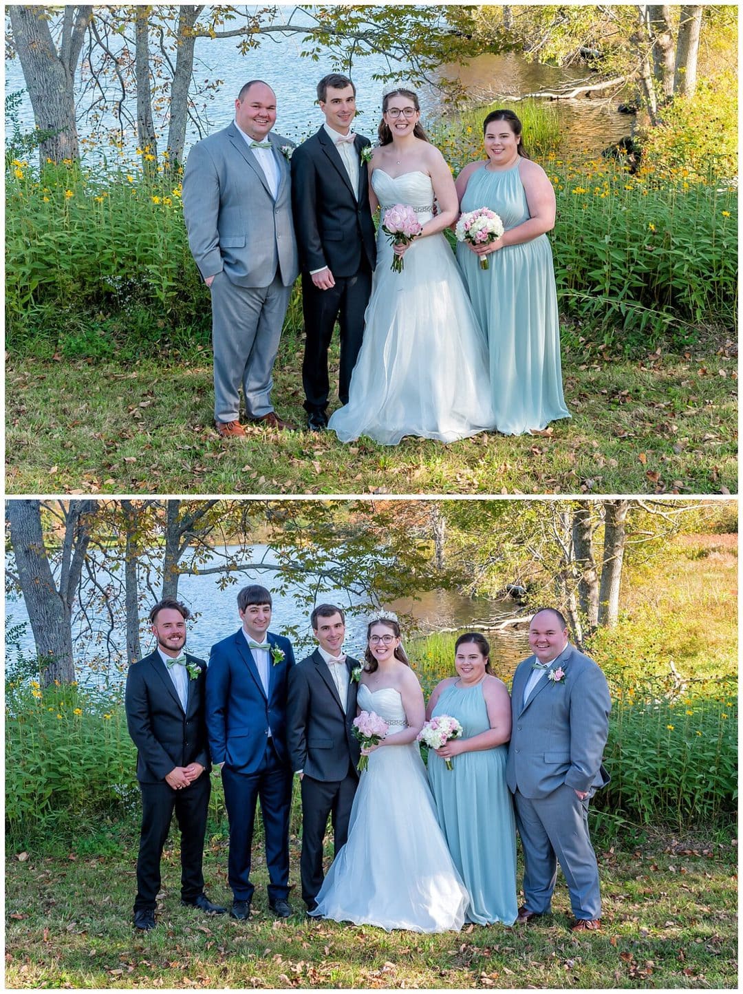 The bride and groom pose with their wedding party during their wedding at the Kinley Farm in Lunenburg NS.