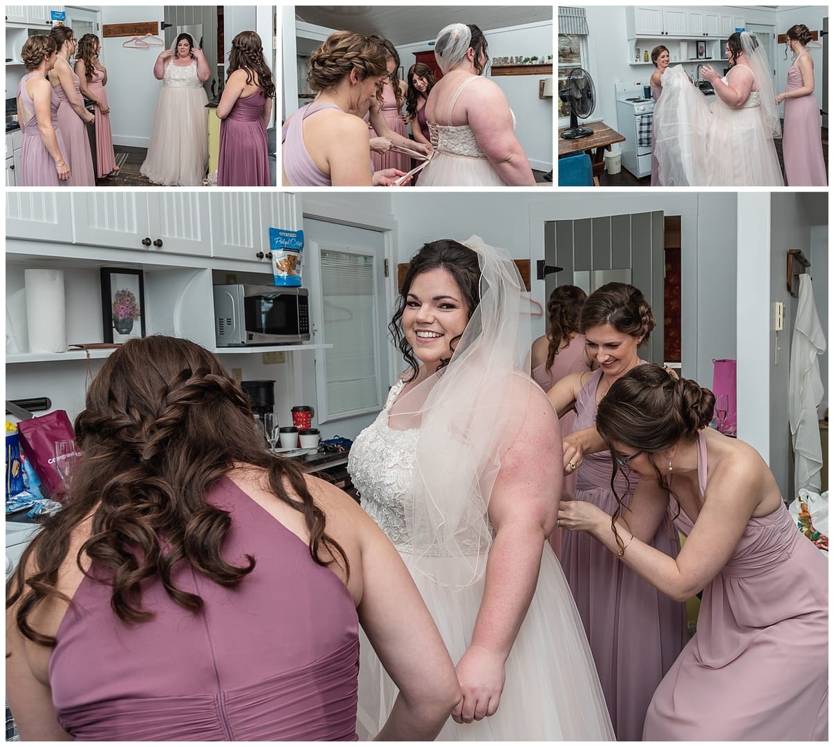 The bride gets her wedding dress laced up by her bridesmaids for her wedding day at the Oceanstone Resort in NS.
