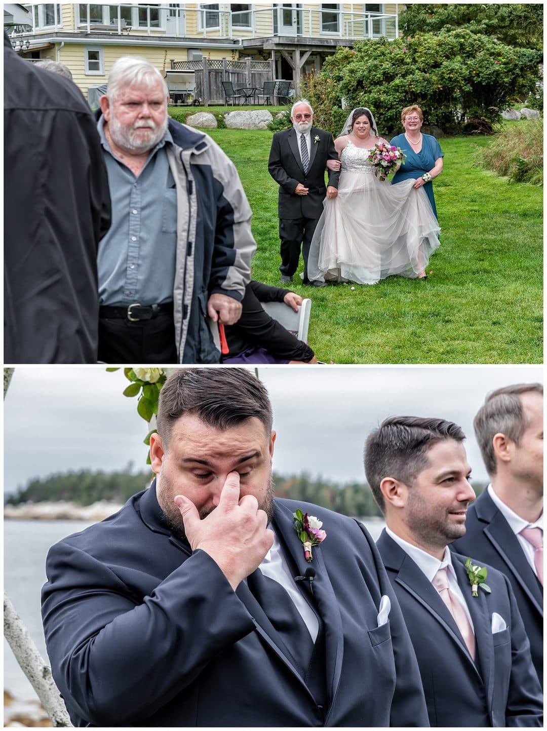 The groom gets emotional as his bride walks up the aisle with her parents during their wedding ceremony at the Oceanstone Resort in NS.
