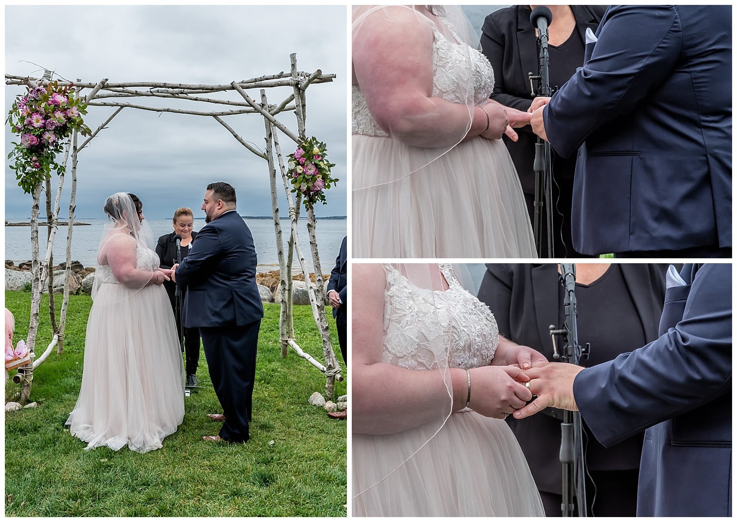 The bride and groom exchange their wedding rings during their wedding ceremony at the Oceanstone Resort in NS.