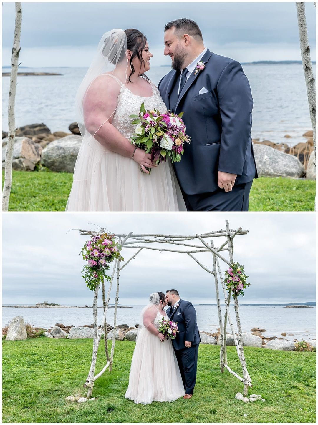 The bride and groom pose under the trellis for wedding photos at the Oceanstone Resort in NS.