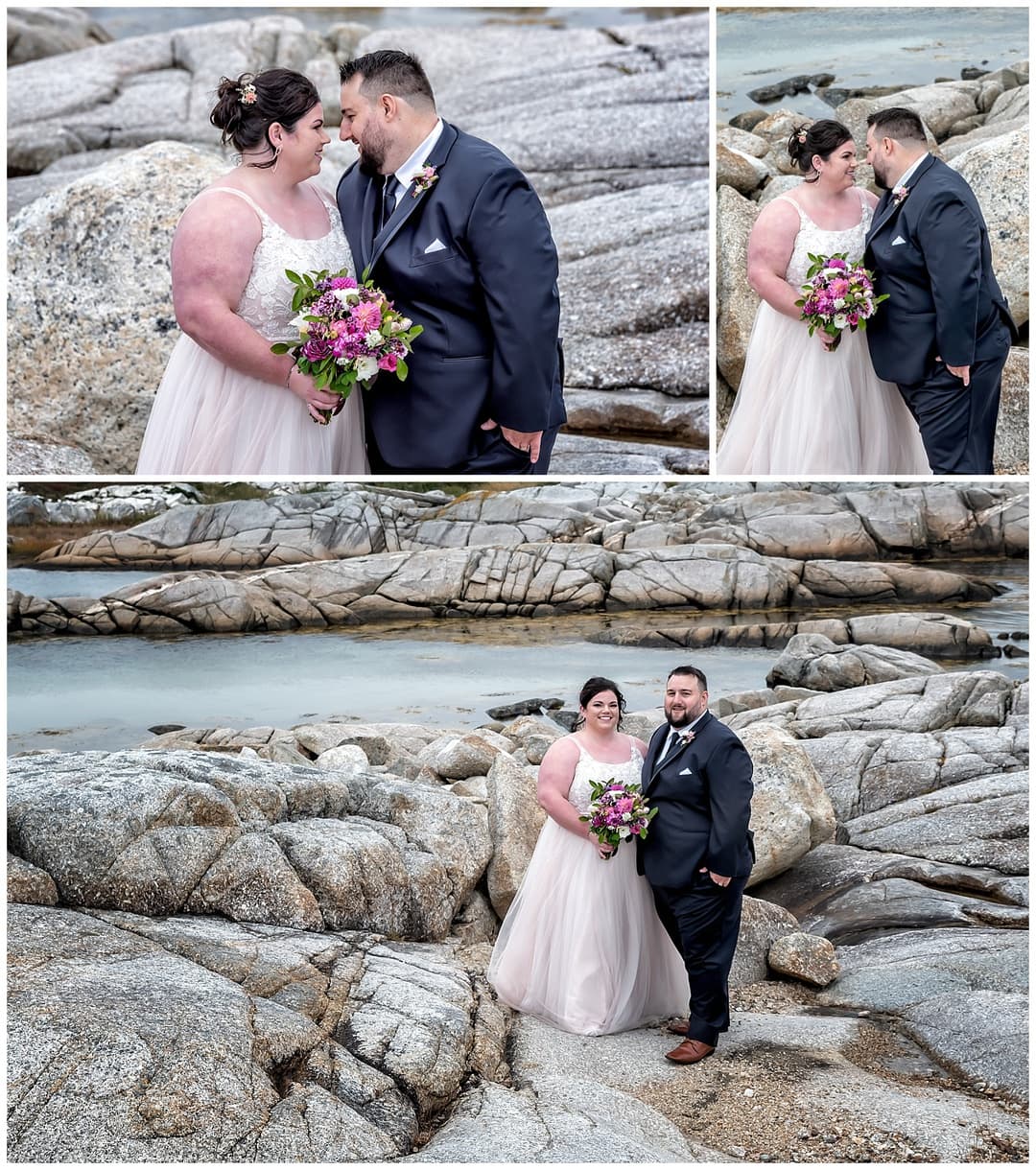 The bride and groom pose for wedding photos by the ocean at Peggy's Cove in Nova Scotia.
