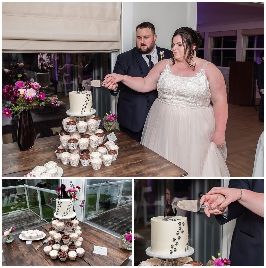 The bride and groom cut their wedding cake during their wedding reception at the Oceanstone Resort in Nova Scotia.