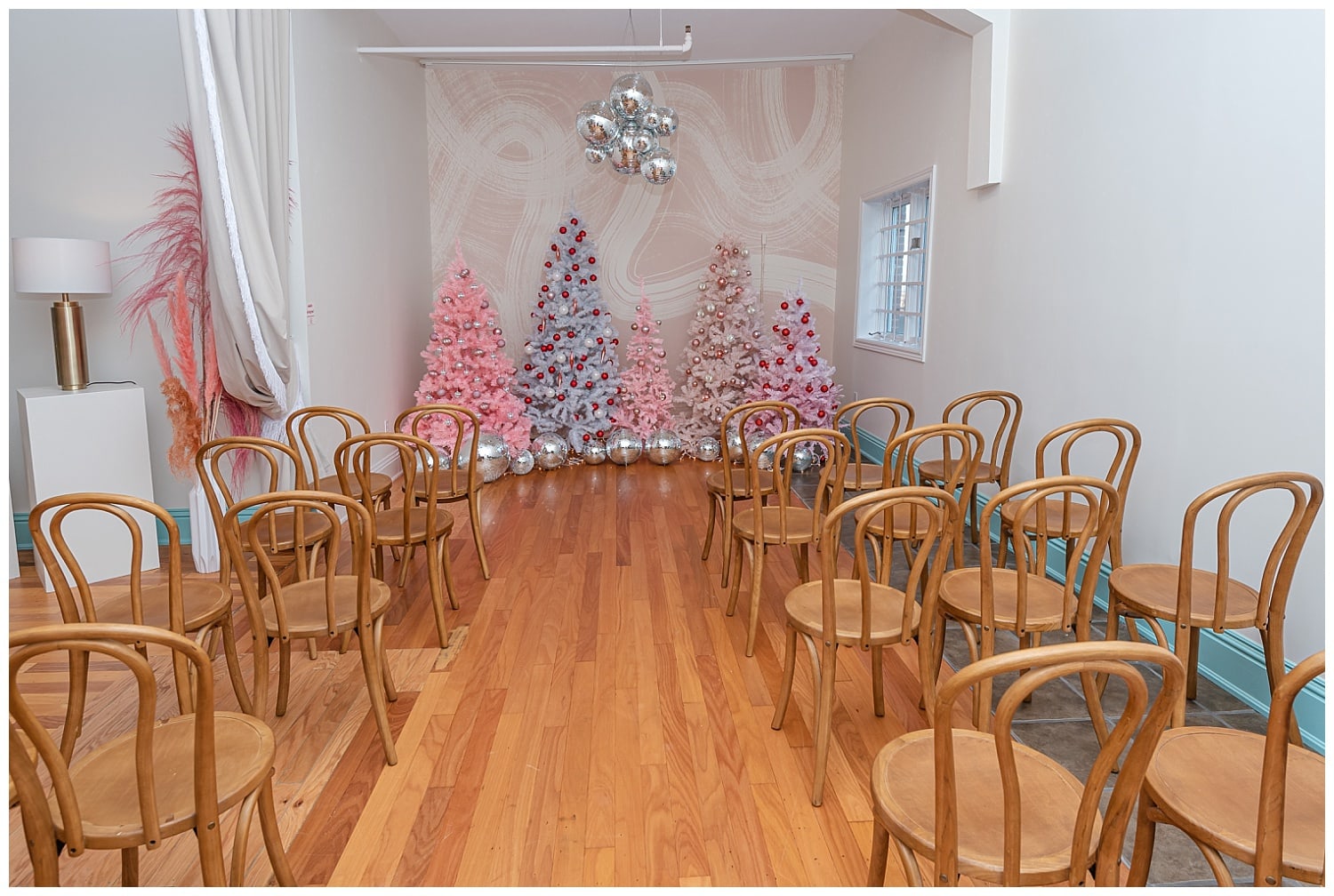 The wedding ceremony setup for weddings at the Wolfville Chapel in Nova Scotia.