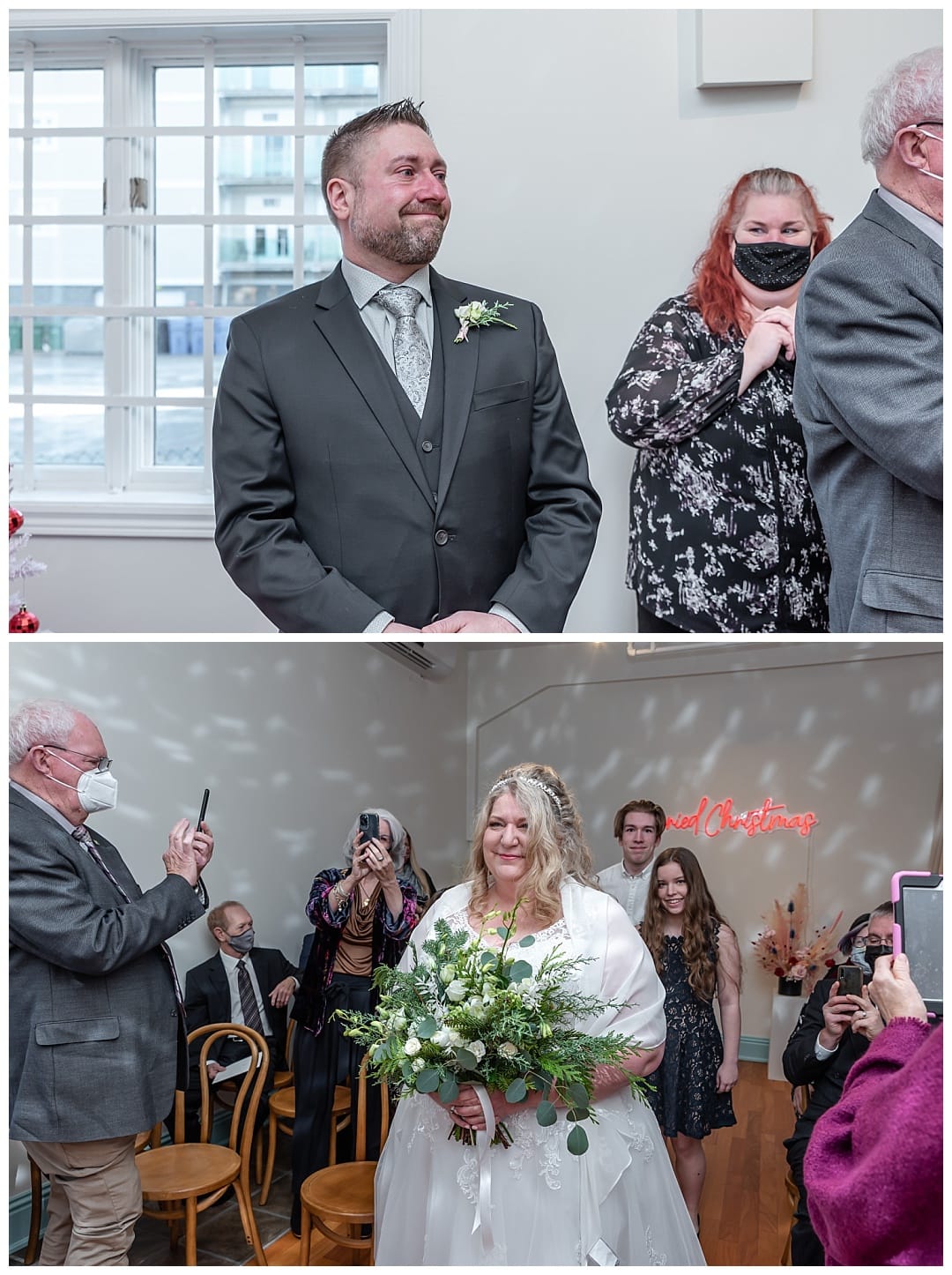 The groom gets emotional as he watches his bride walk up the aisle accompanied by her children for their wedding ceremony at the Wolfville Chapel in Nova Scotia.