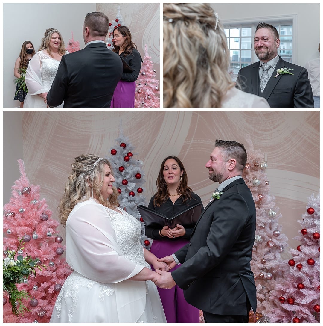 The bride and groom exchange wedding vows during their ceremony at the Wolfville Chapel in NS.