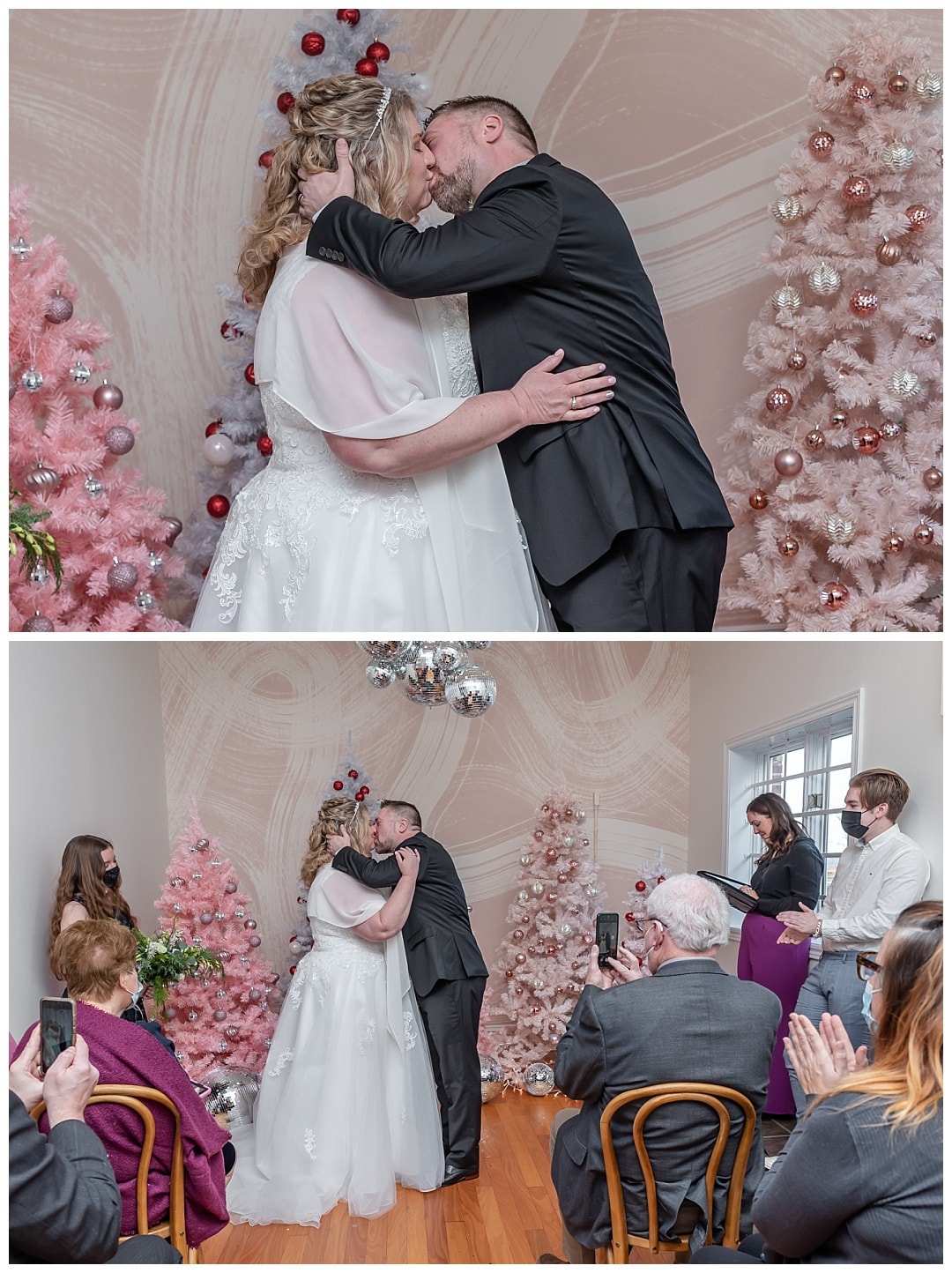 The bride and groom share their first kiss after their wedding ceremony at the Wolfville Chapel in Nova Scotia.