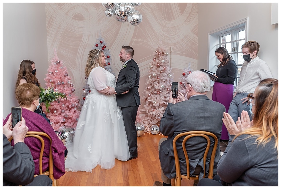 That moment between the bride and groom after that first kiss during their wedding ceremony at the Wolfville Chapel in Nova Scotia.