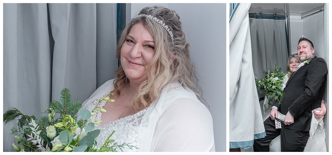 The bride and groom have their wedding photos done inside an old fashioned photo booth at the Wolfville Chapel in NS.