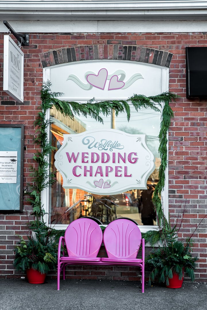 A quaint las vegas style wedding chapel in Wolfville Nova Scotia.