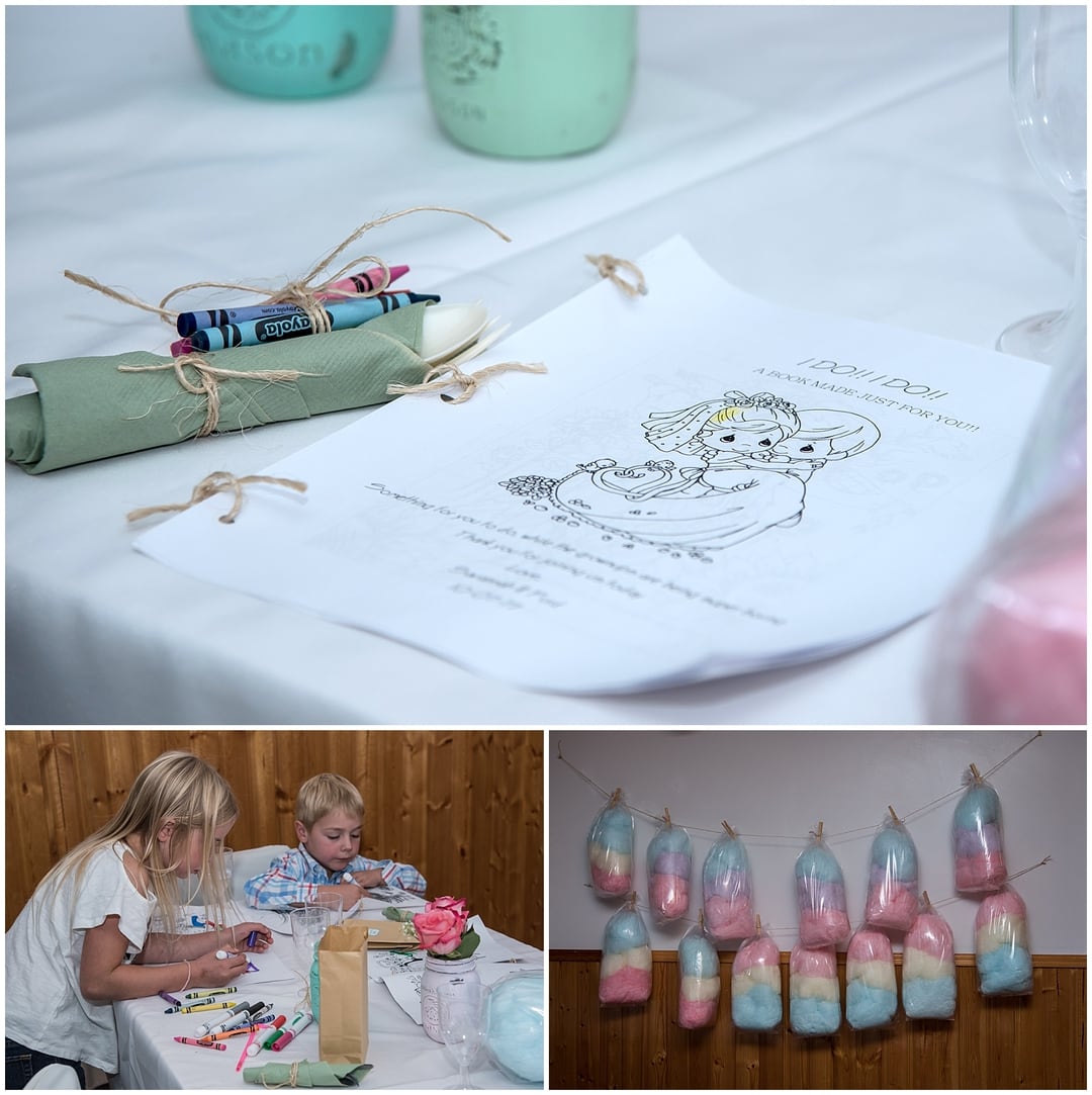 A childrens coloring book table at a wedding, the best coloring wins!