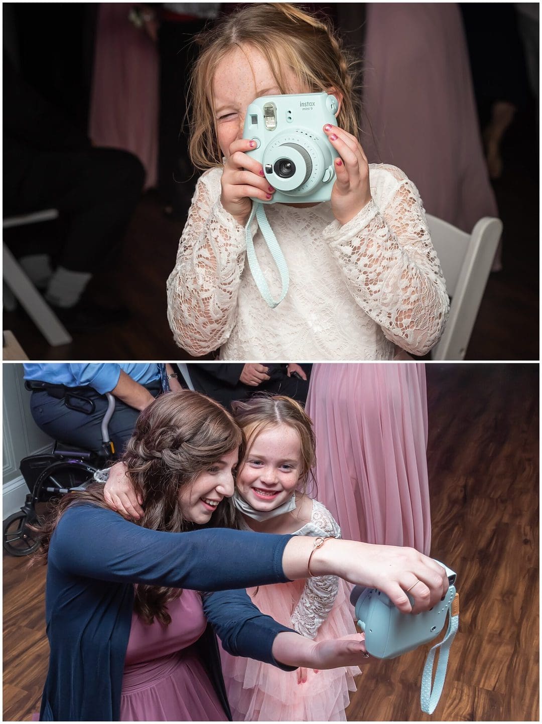 A flowergirl plays with a polaroid camera capturing images of all the guests during the wedding.
