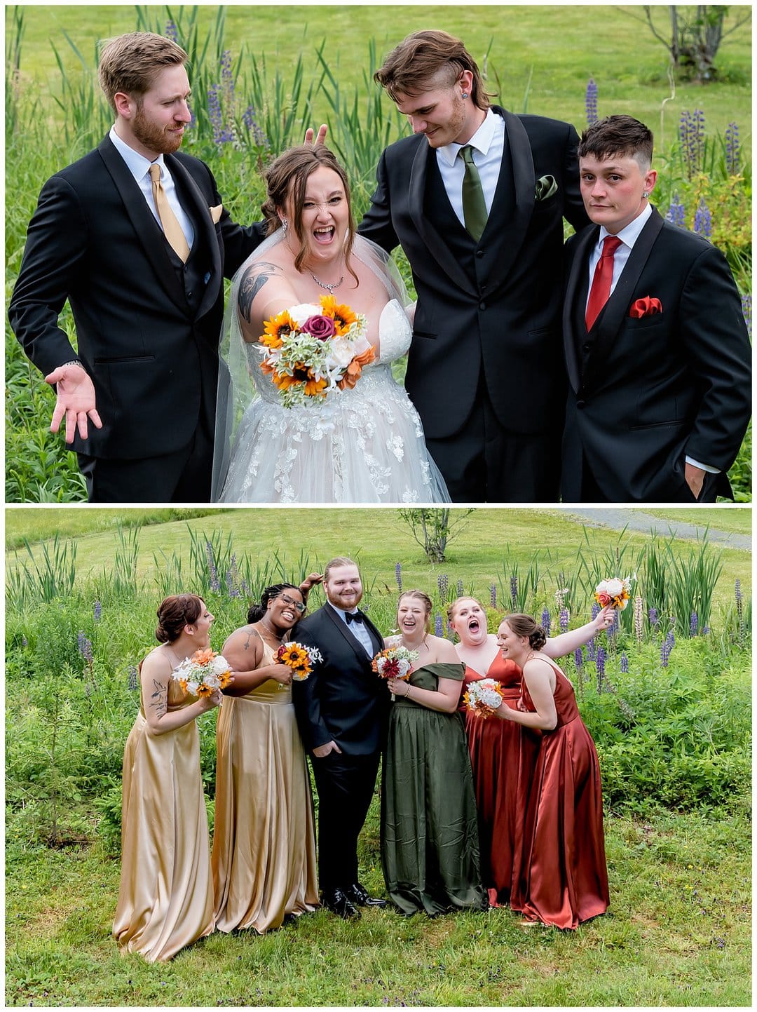 The bride poses with the groomsmen while the groom poses with the bridesmaids at Hatfield Farm in Halifax, NS.