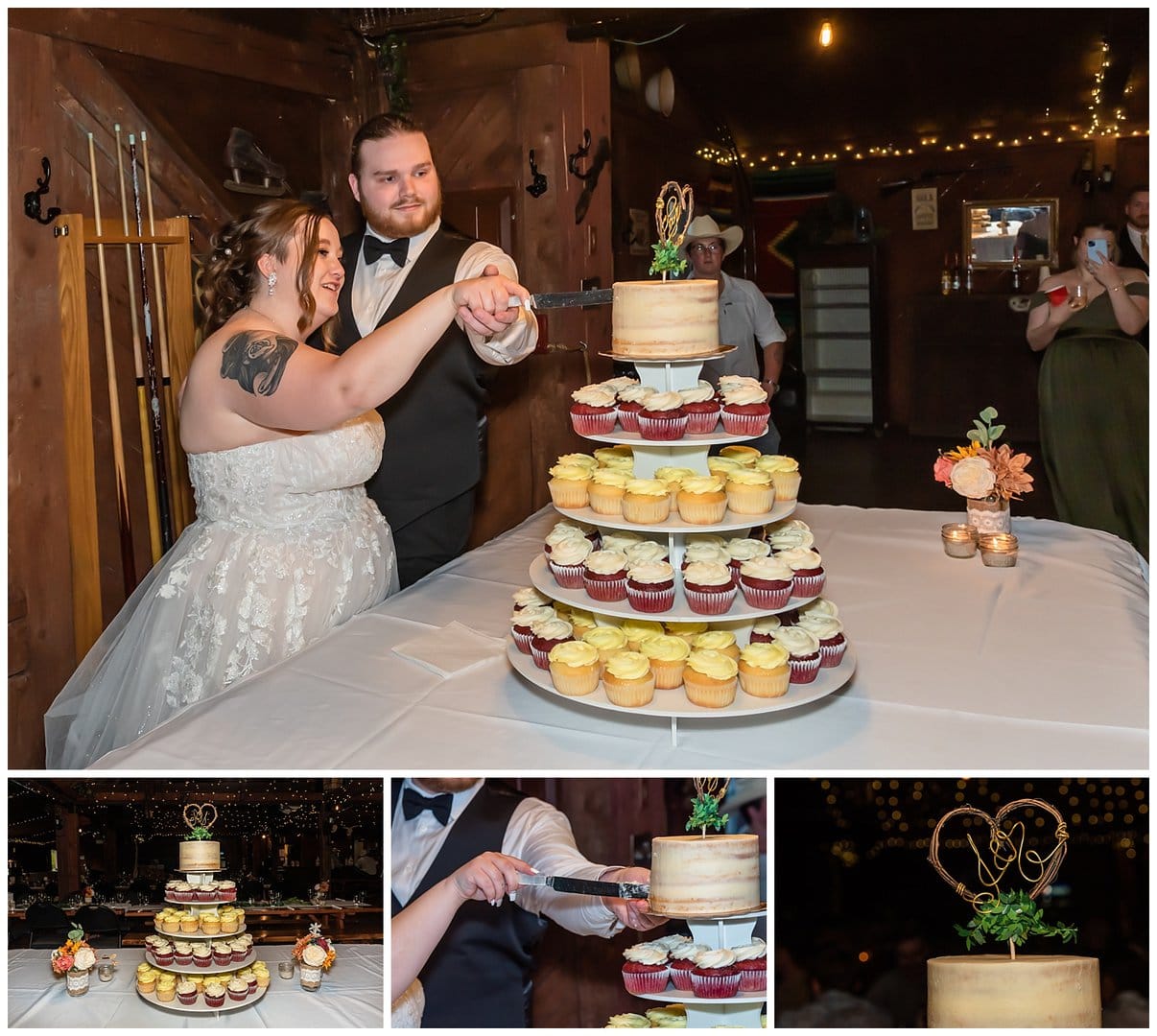 The bride and groom cut the cake during their wedding reception at Hatfield Farm in Halifax, NS.