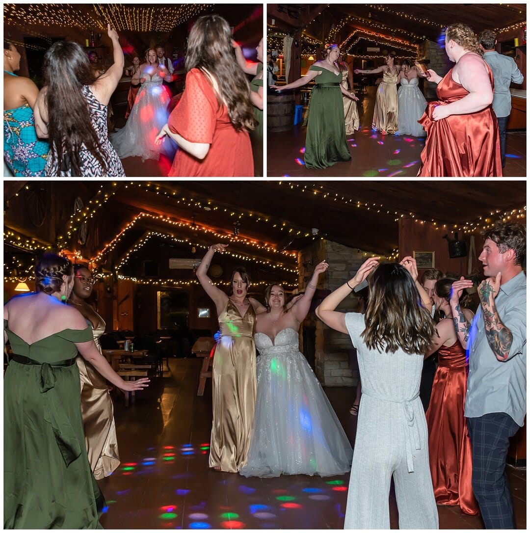 The bride dances with her bridesmaids and guests during her reception at Hatfield Farm.