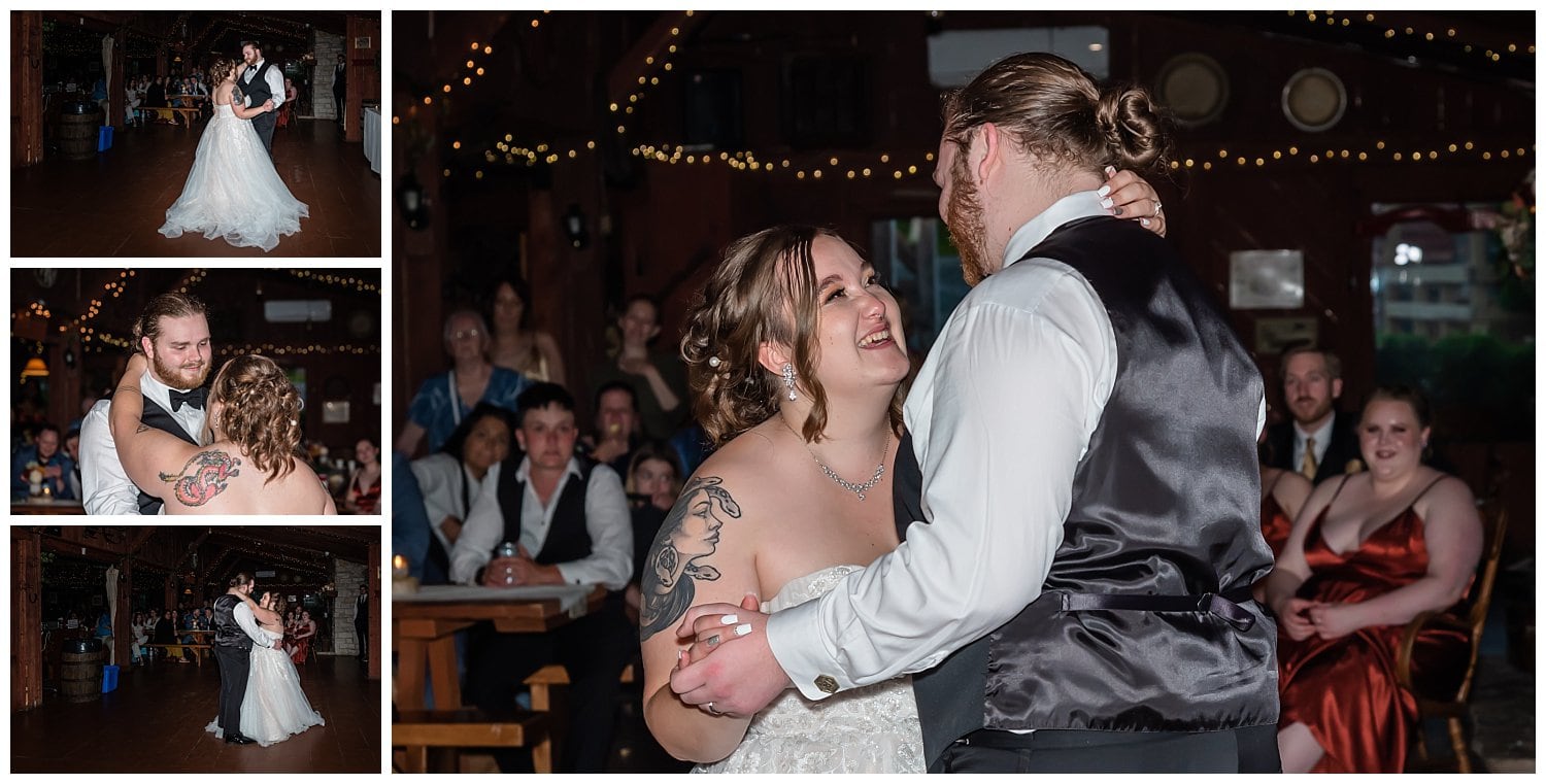 The bride smiles at her groom during their first dance at Hatfield Farm in Halifax, NS.