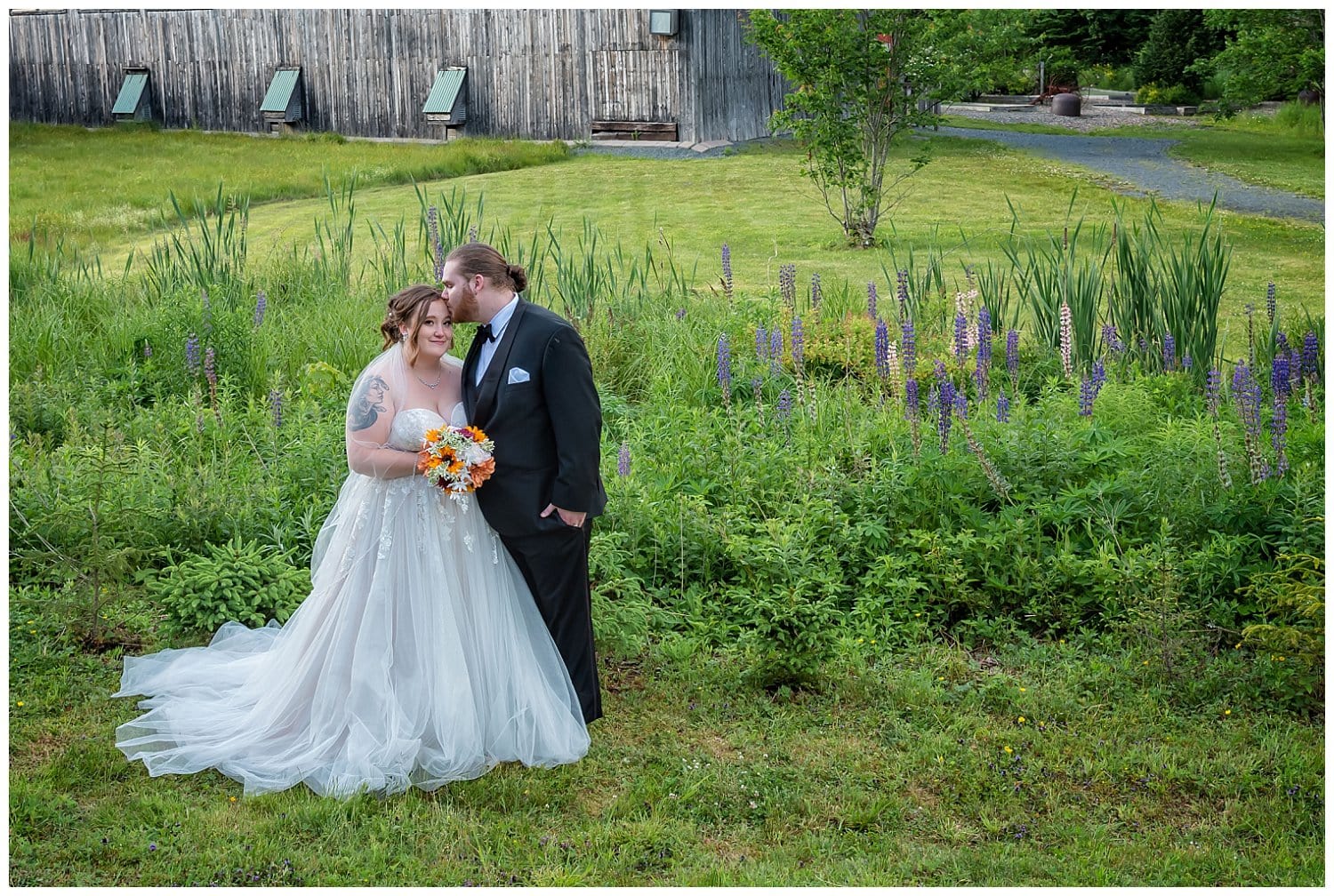 The bride and groom pose for wedding photos in front of a lupin field at Hatfield Farm in Halifax, NS.