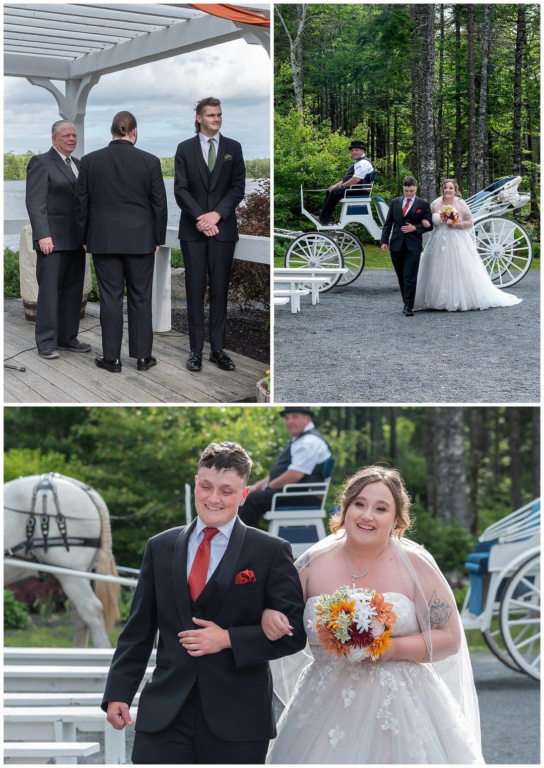 The bride walks up the aisle after her horse and carriage ride at Hatfield Farm in Halifax, NS.