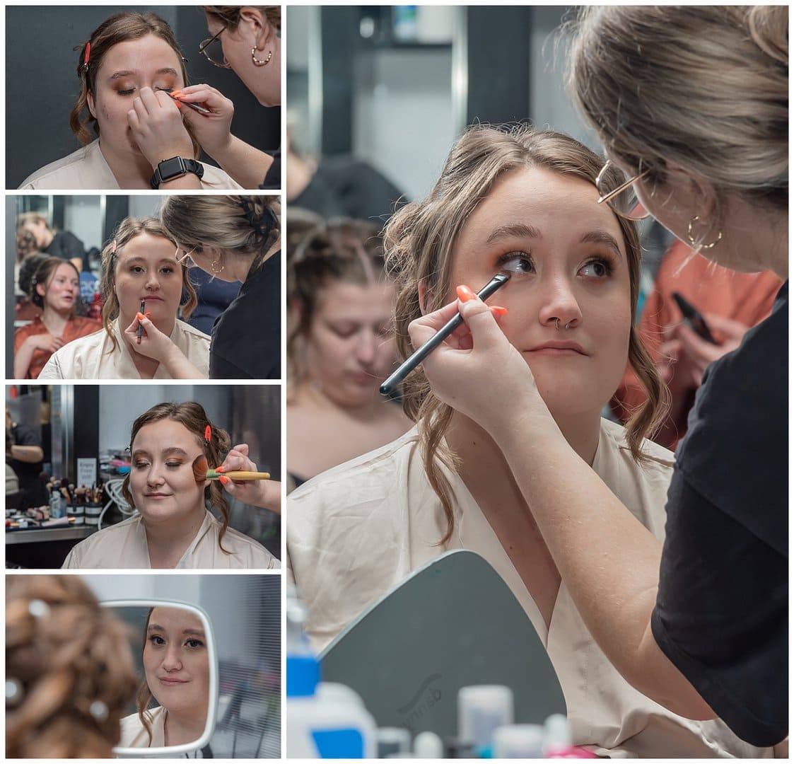 The bride having her makeup applied during bridal prep for her wedding day.