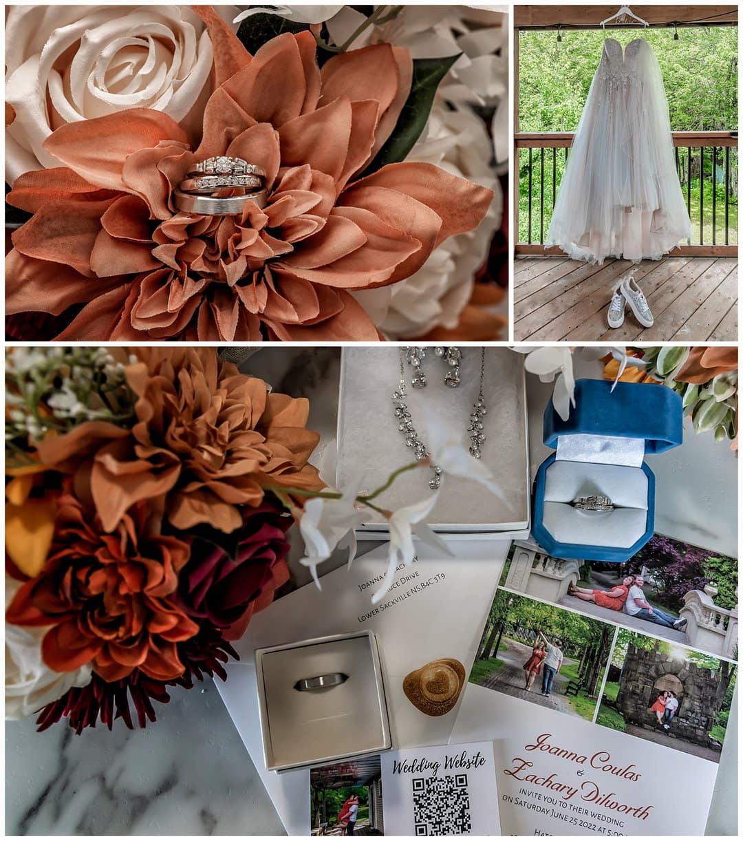 A series of detail shots of the bride's rings, bouquet, invitation and dress.