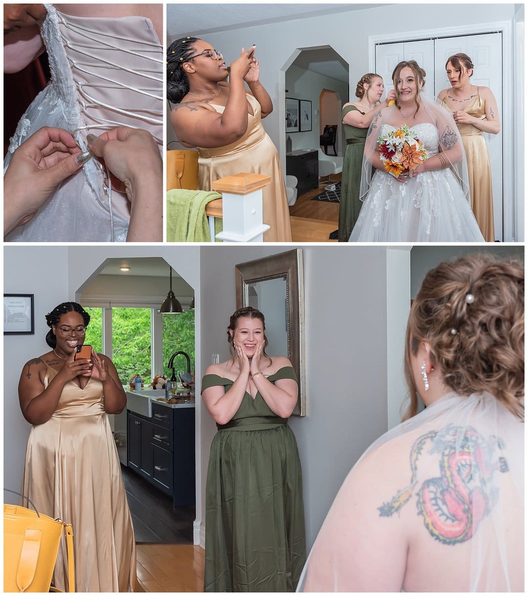 The bridesmaids gush over the bride once she is ready to leave for her wedding day.