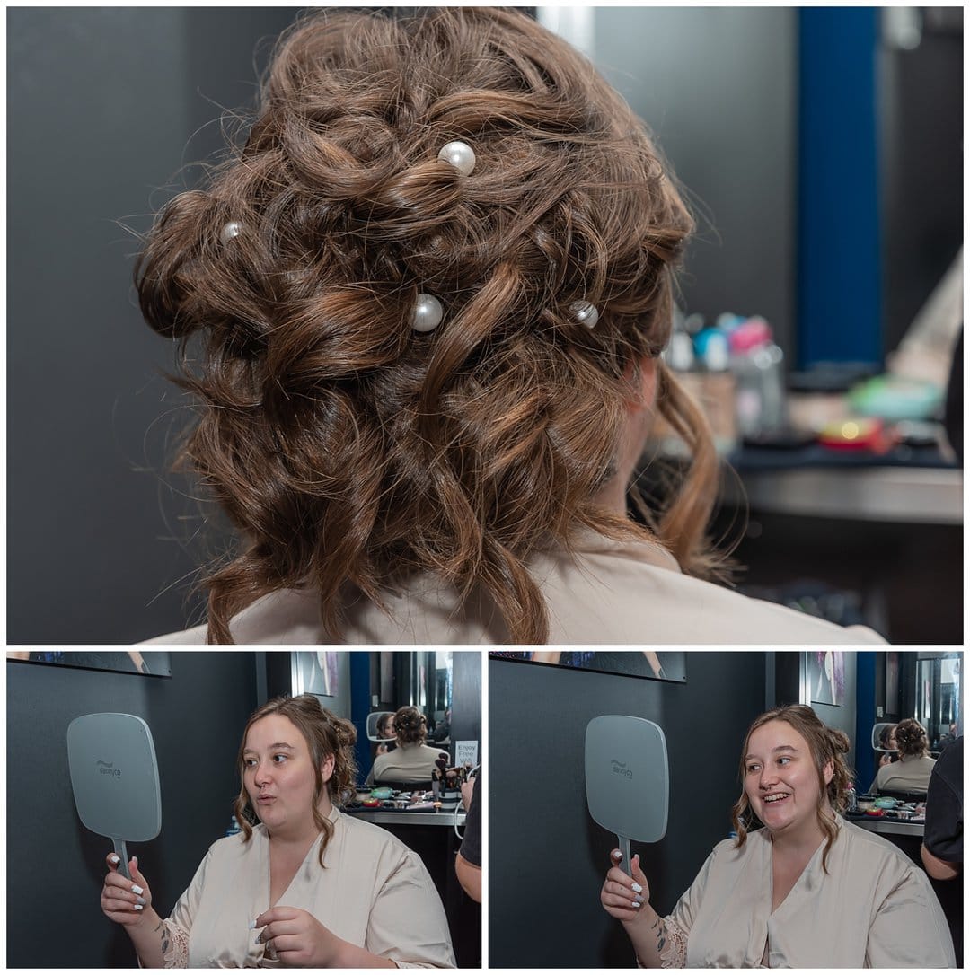 The bride getting her hair done for her wedding day.