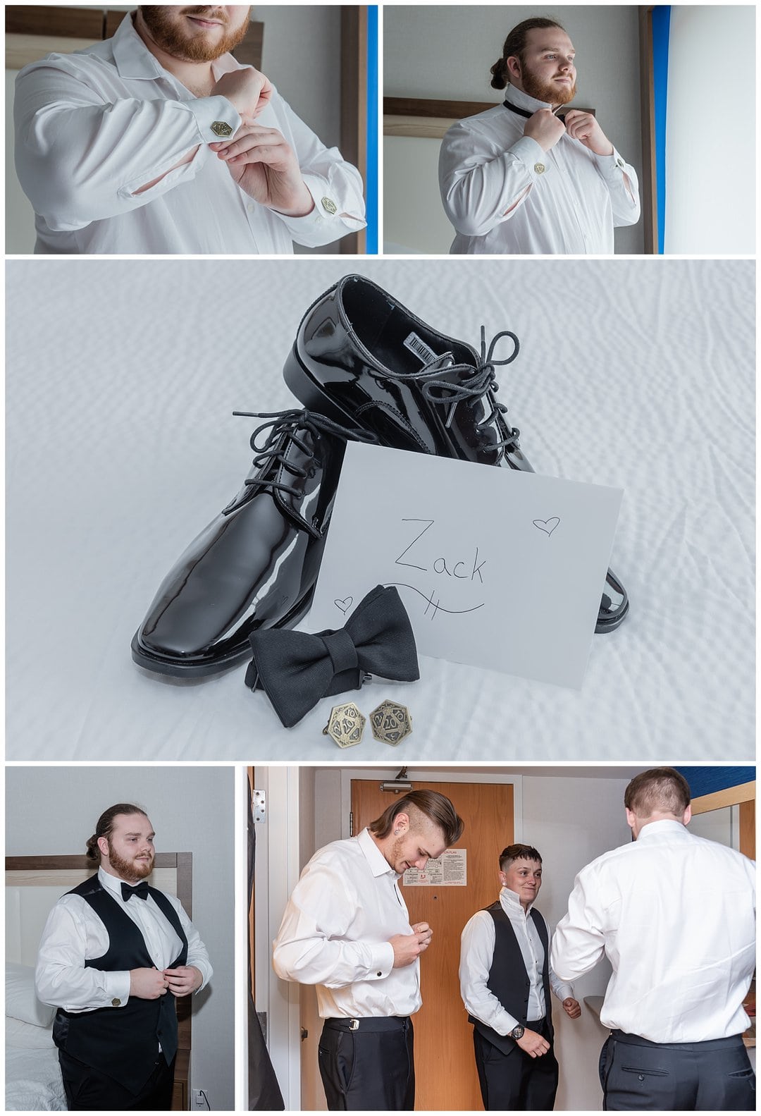 The groom getting ready for his big day with his groomsmen.