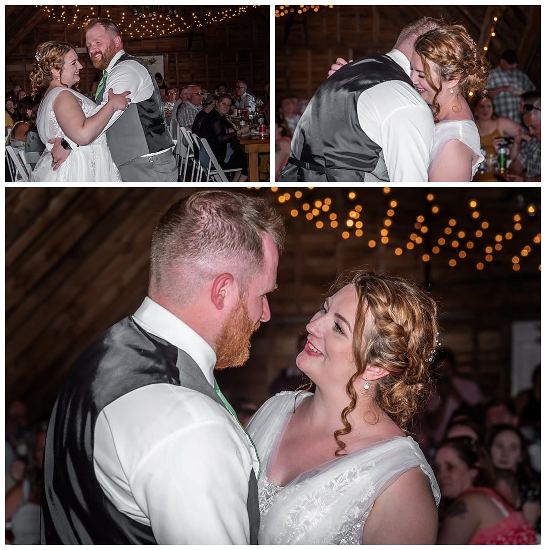 The bride and groom smile at each other during their first dance at Healy Farm in NS.
