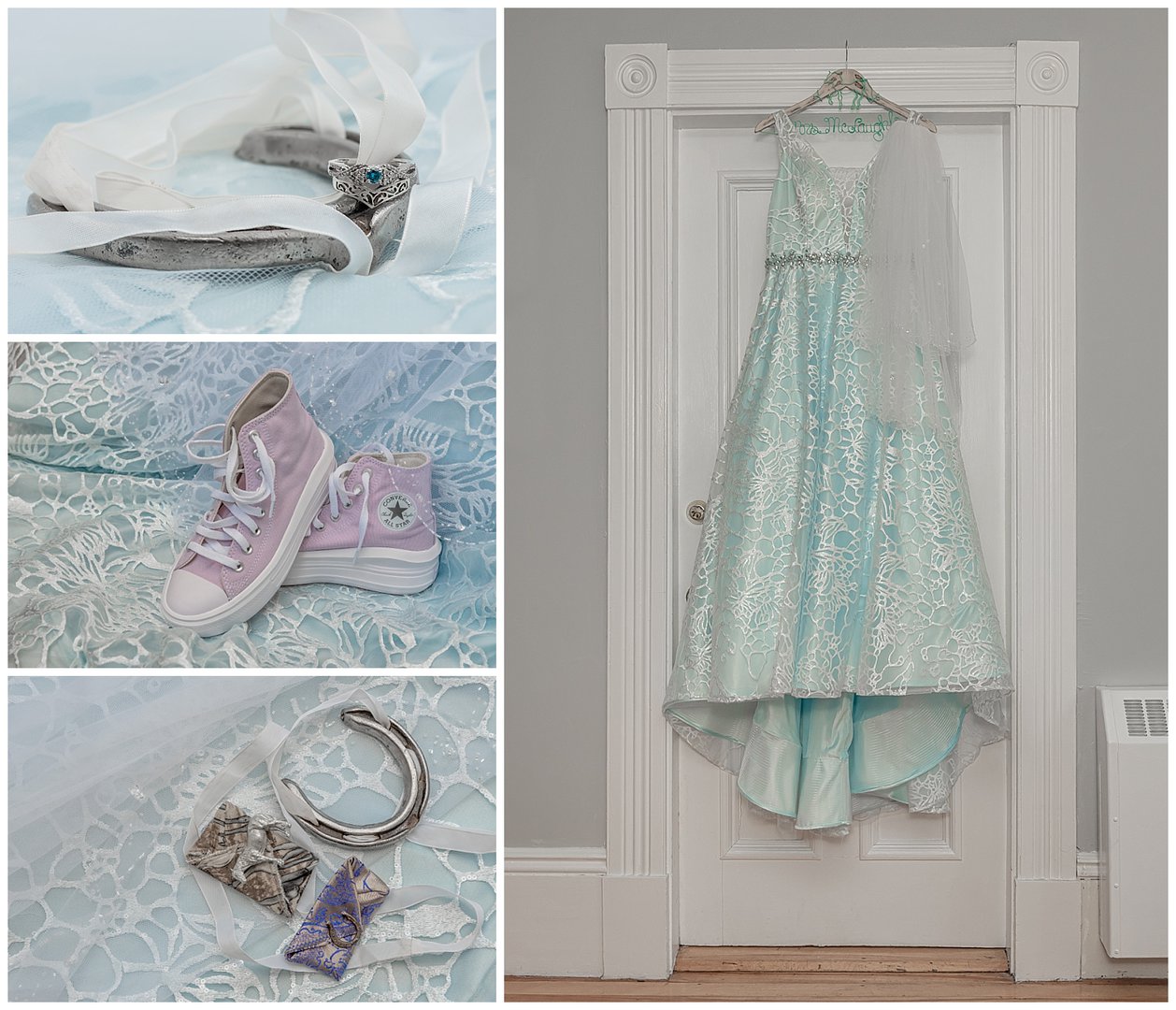 The bride wore a blue wedding gown with purple converse sneakers along with a horseshoe hanging from her arm as she loves horses.