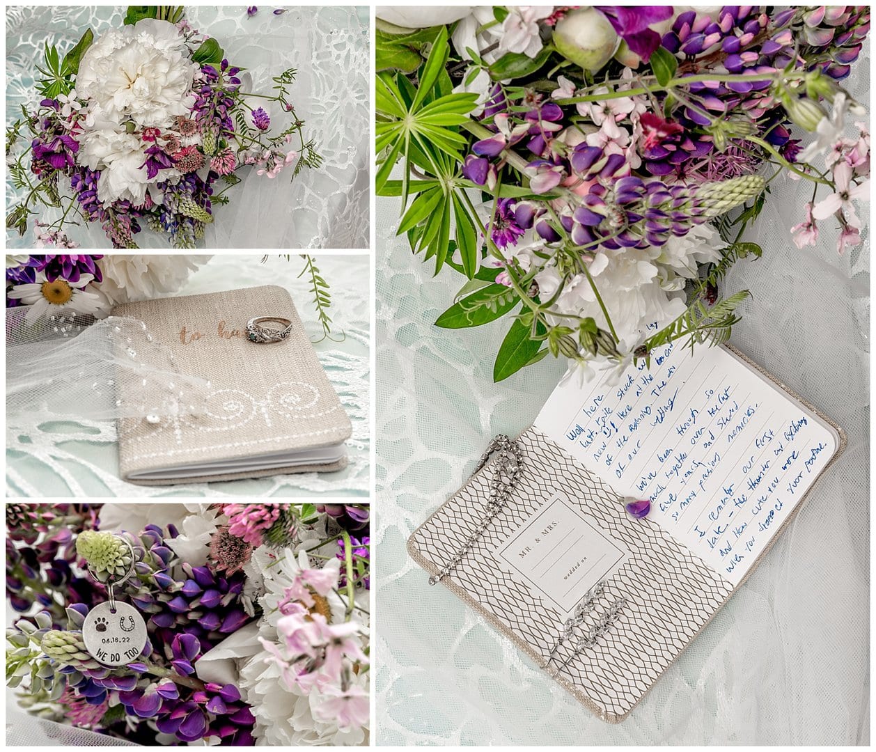 The vow card among the bride's bridal wedding bouquet.