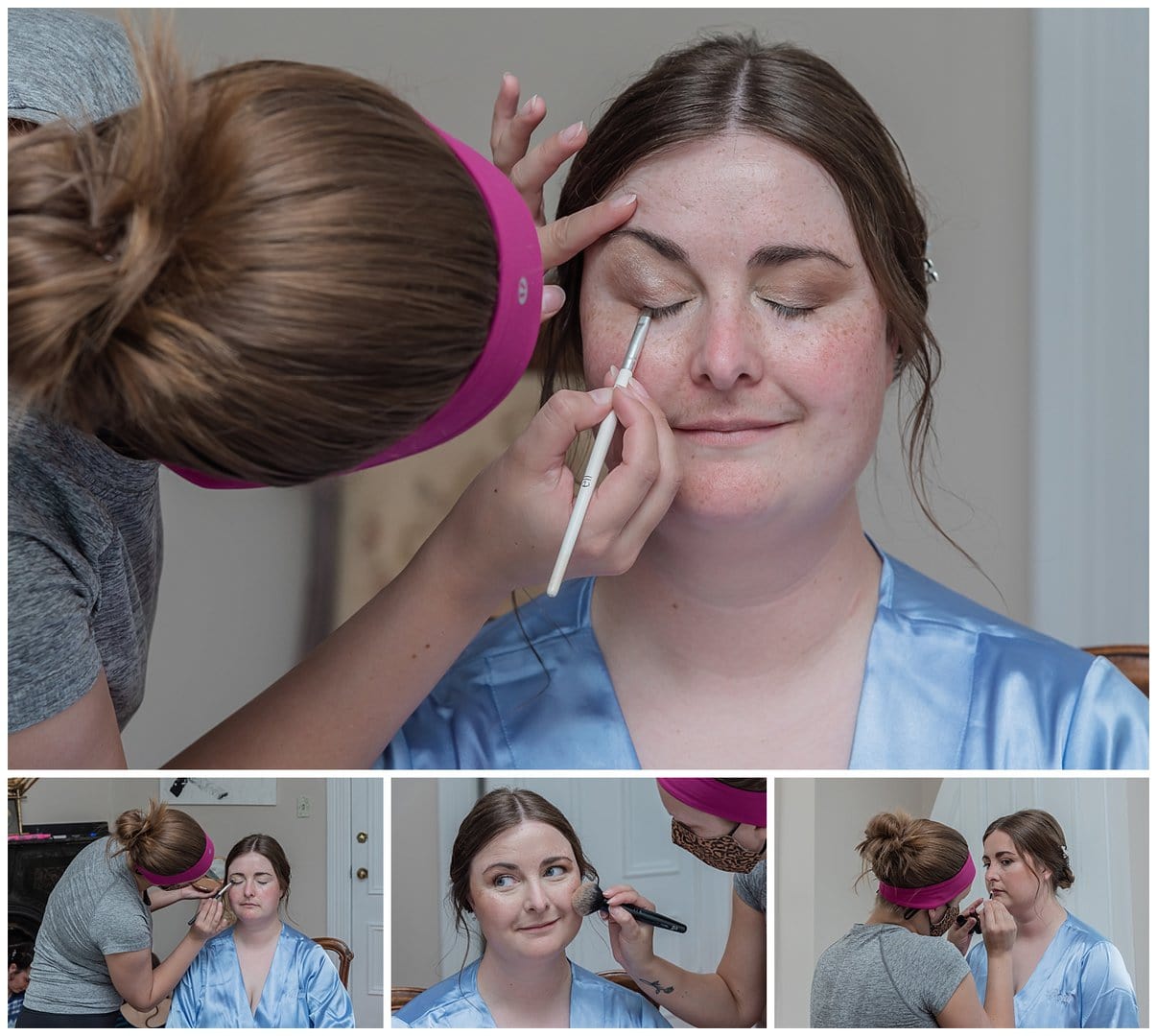 The bride having her makeup and lipstick applied during bridal prep for her wedding at the Carlisle Inn in Annapolis royal.