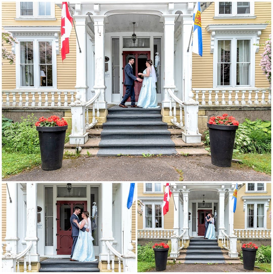 Bride and groom have their first look at the Hillsdale House in Annapolis Royal, NS.