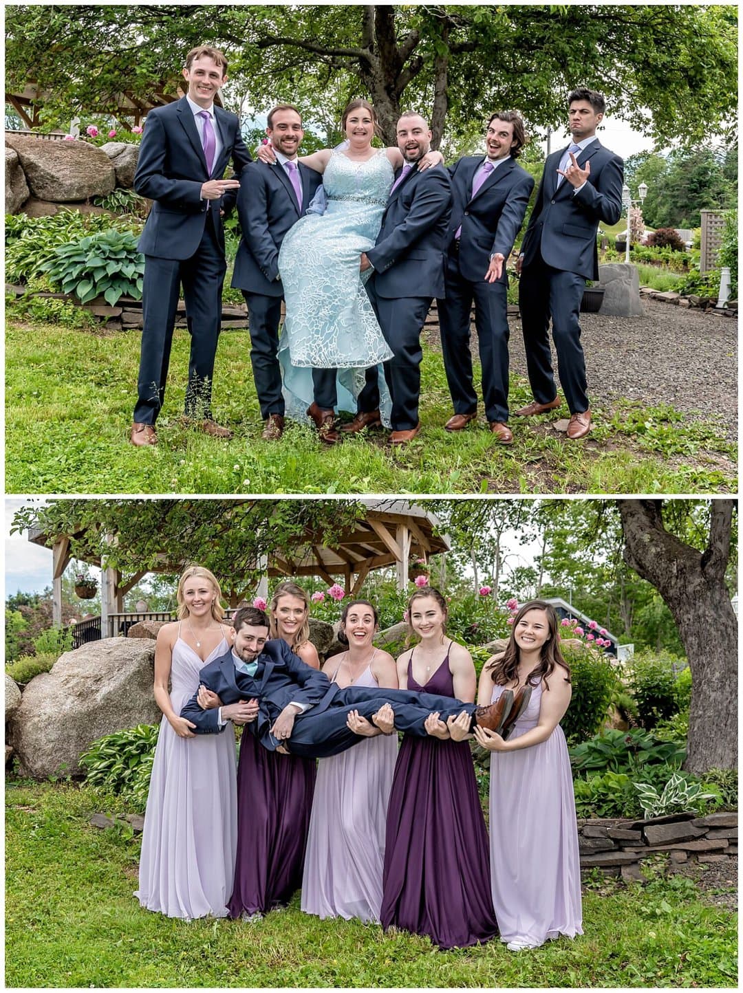 The wedding party pose for fun wedding photos with the bride and groom at the Founders House in Annapolis Royal, NS.