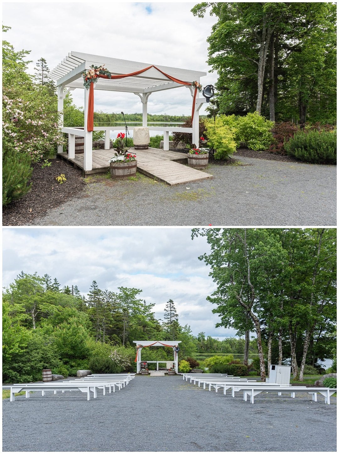 The outdoor area for wedding cermeonies at Hatfield Farm lies adjacent to a beautiful lake backdrop.