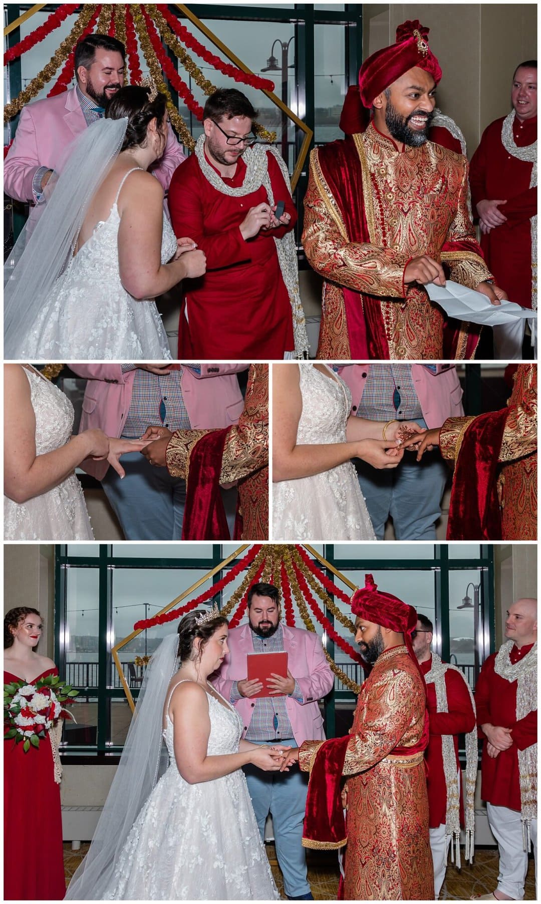 The bride and groom exchange wedding rings after reading their vows during their wedding ceremony at Halifax Marriott Harbourfront Hotel.