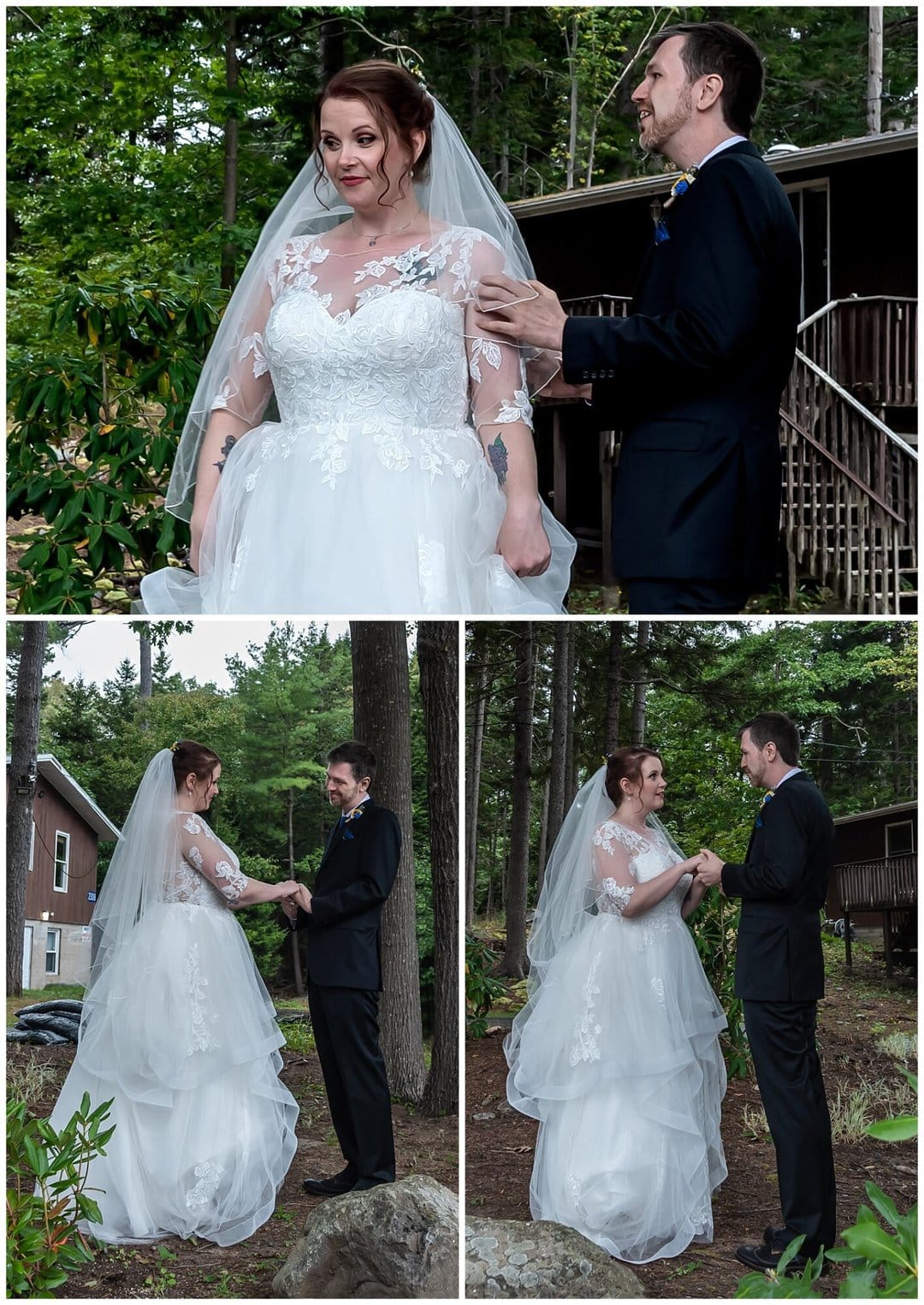 The bride and groom have their first look in the forest by Saraguay House.