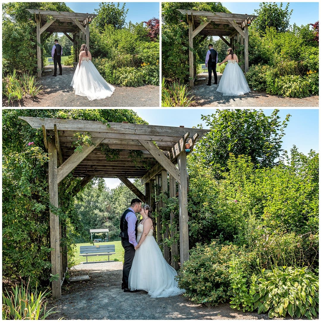 The bride walks up to the groom, almost grabs his butt but then taps him on the shoulder, the anticipation of that first look at Acadia Park in Lower Sackville NS.
