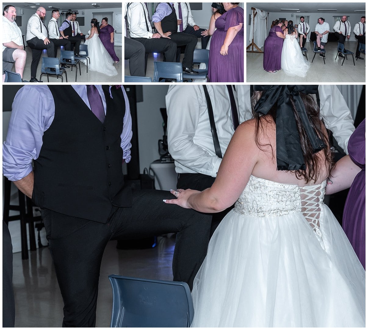 The bride feels up the male knees presented and tries to guess her husband's knee.