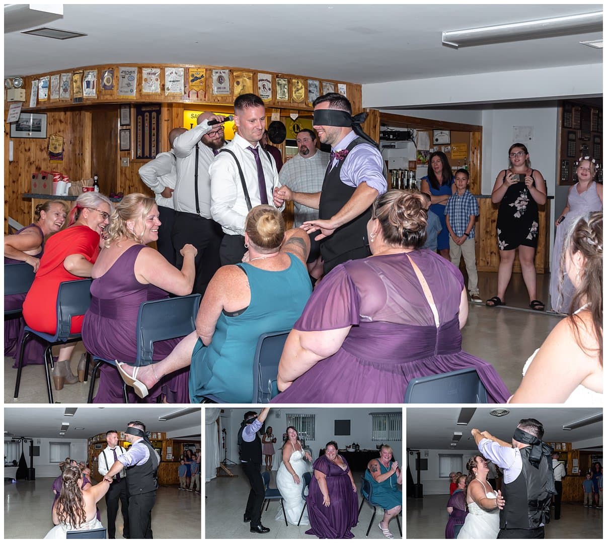 The groom plays the elbow and knee game during their wedding reception.